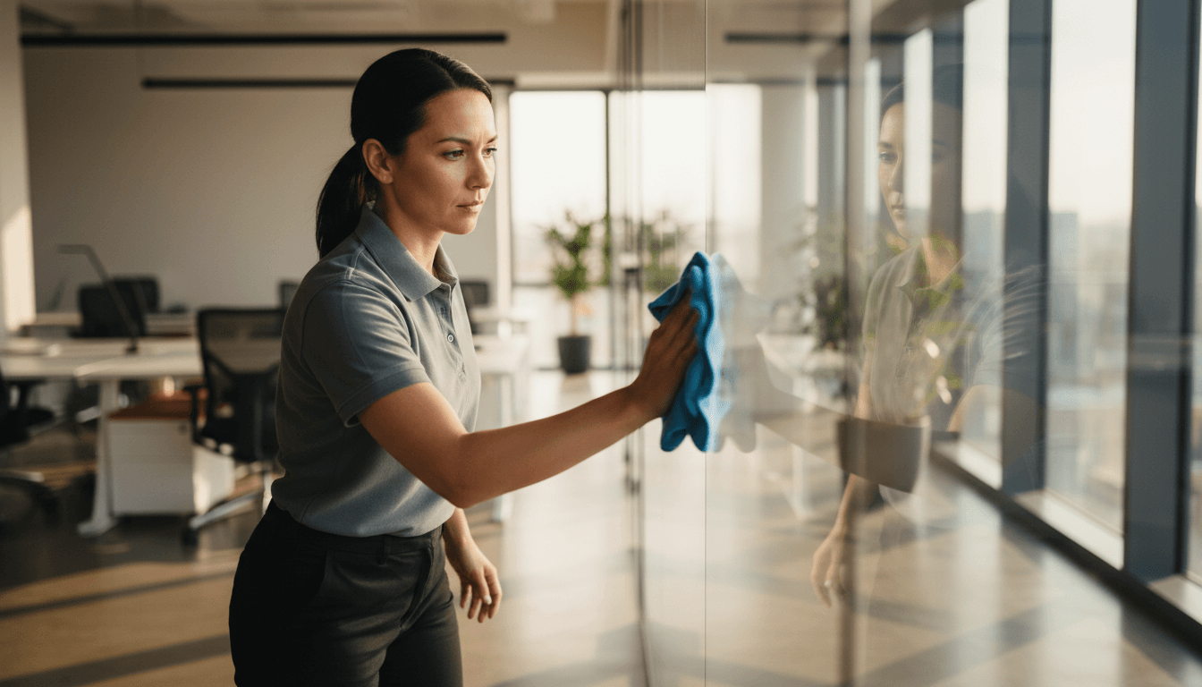 Anders Cleaning team member performing detail-focused cleaning work in a professional office