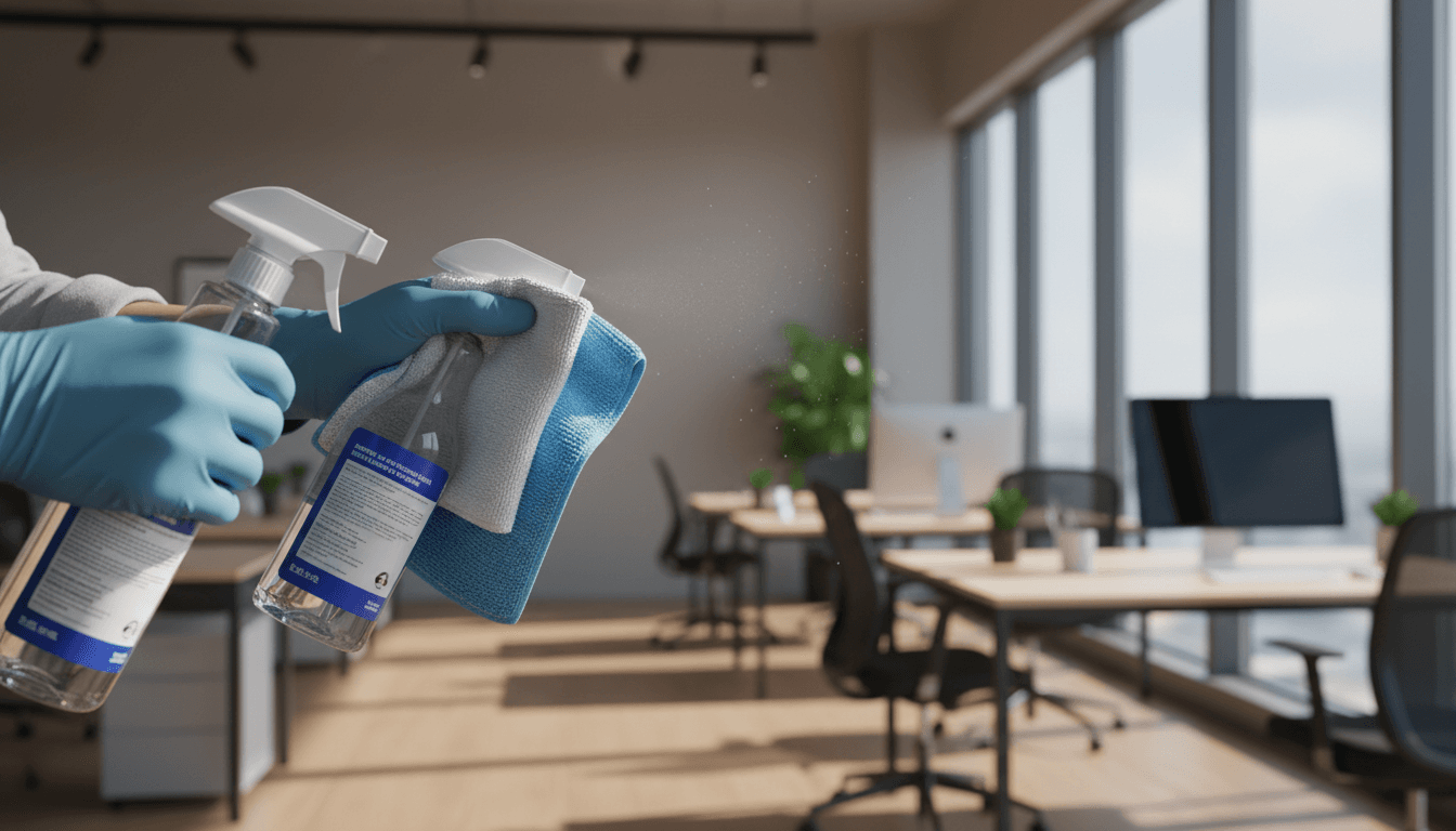 Professional cleaning supplies and hands ready to clean