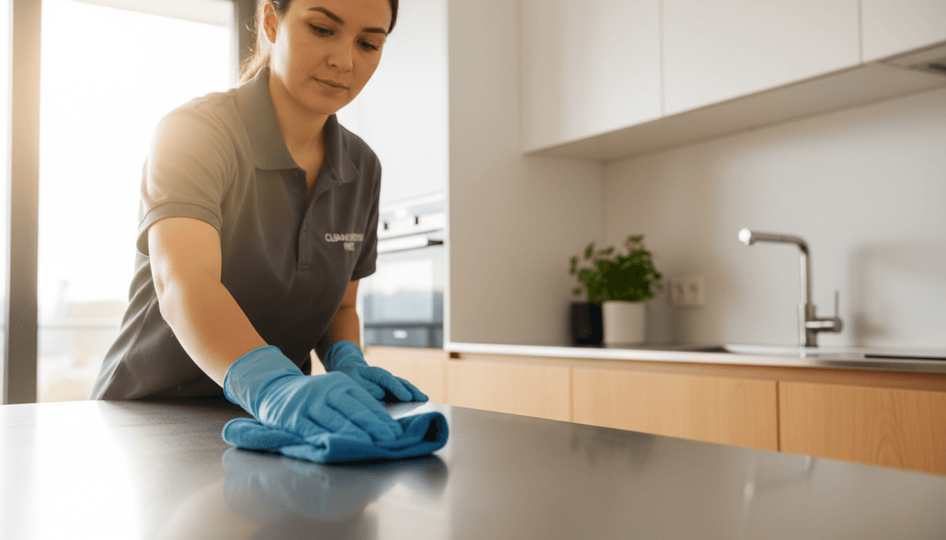 Professional cleaner polishing a kitchen countertop with focused attention to detail