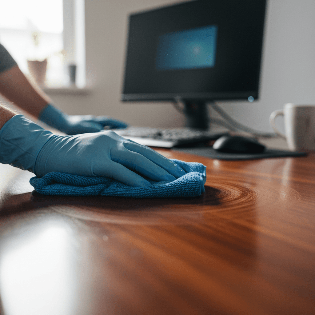 Professional office desk cleaning with microfiber cloth
