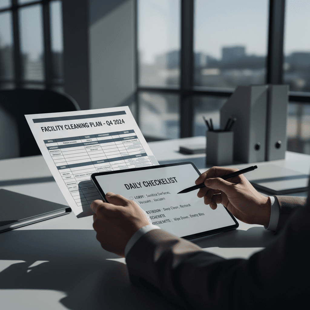 Commercial facility cleaning plan documentation and scheduling