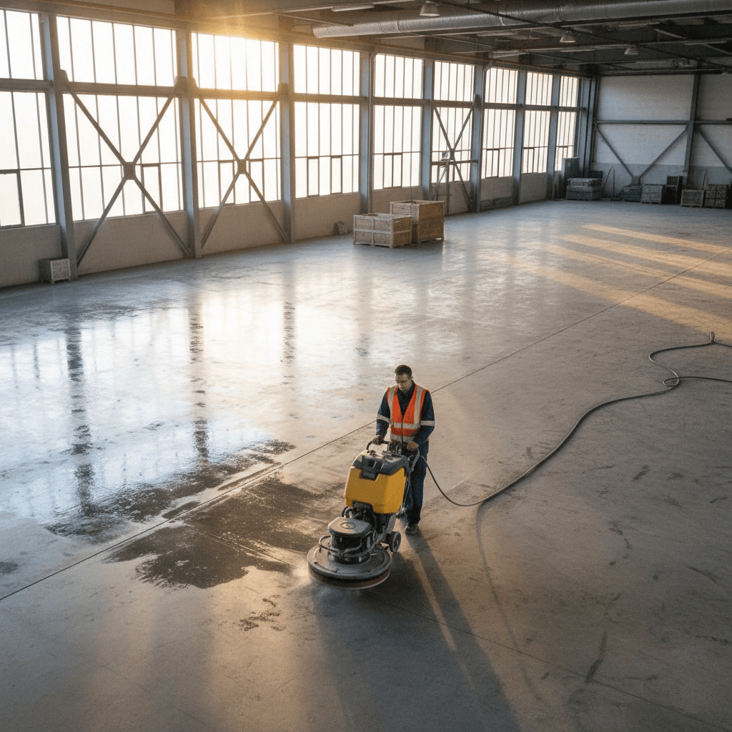 Commercial floor cleaning equipment in action at facility