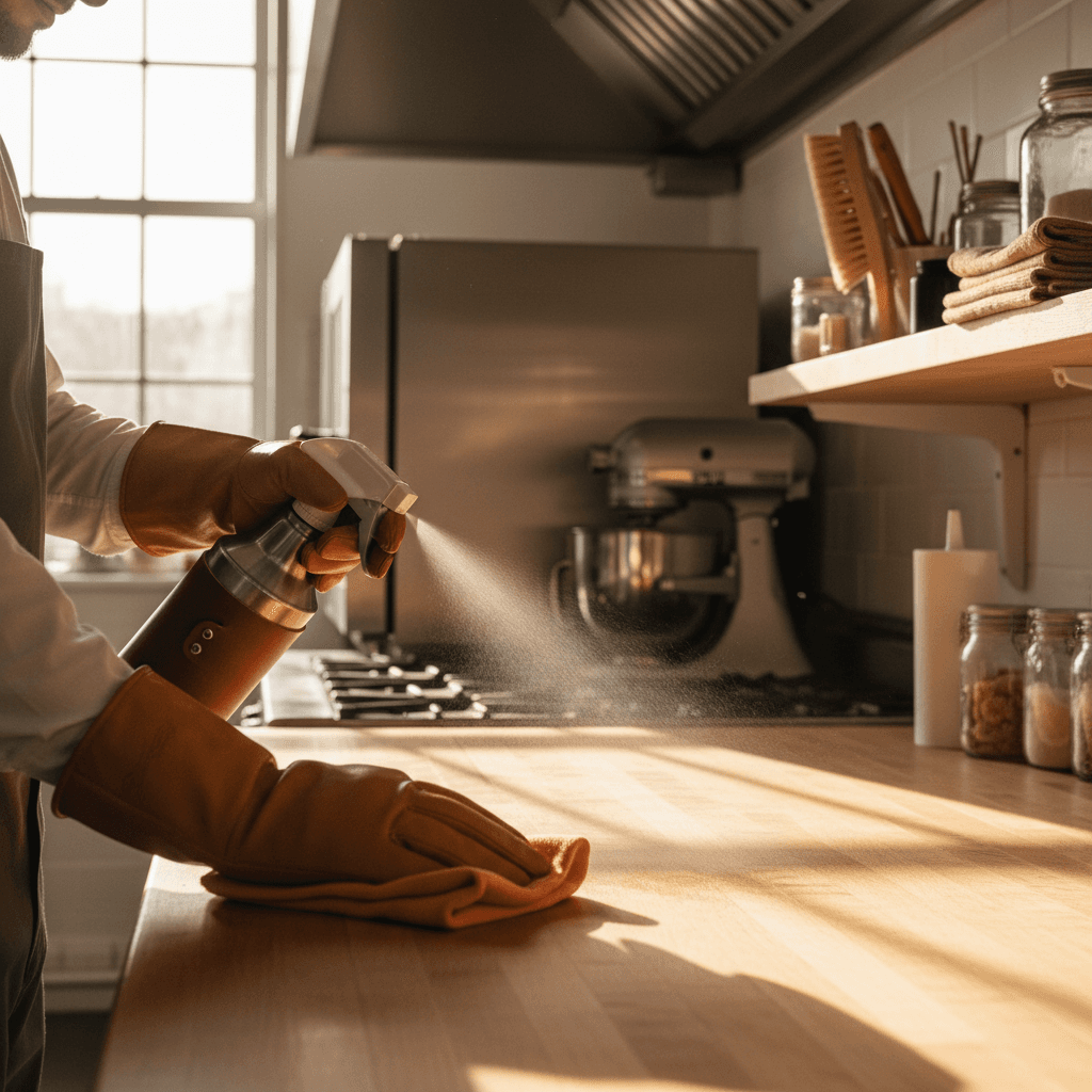 Commercial kitchen counter sanitizing and cleaning