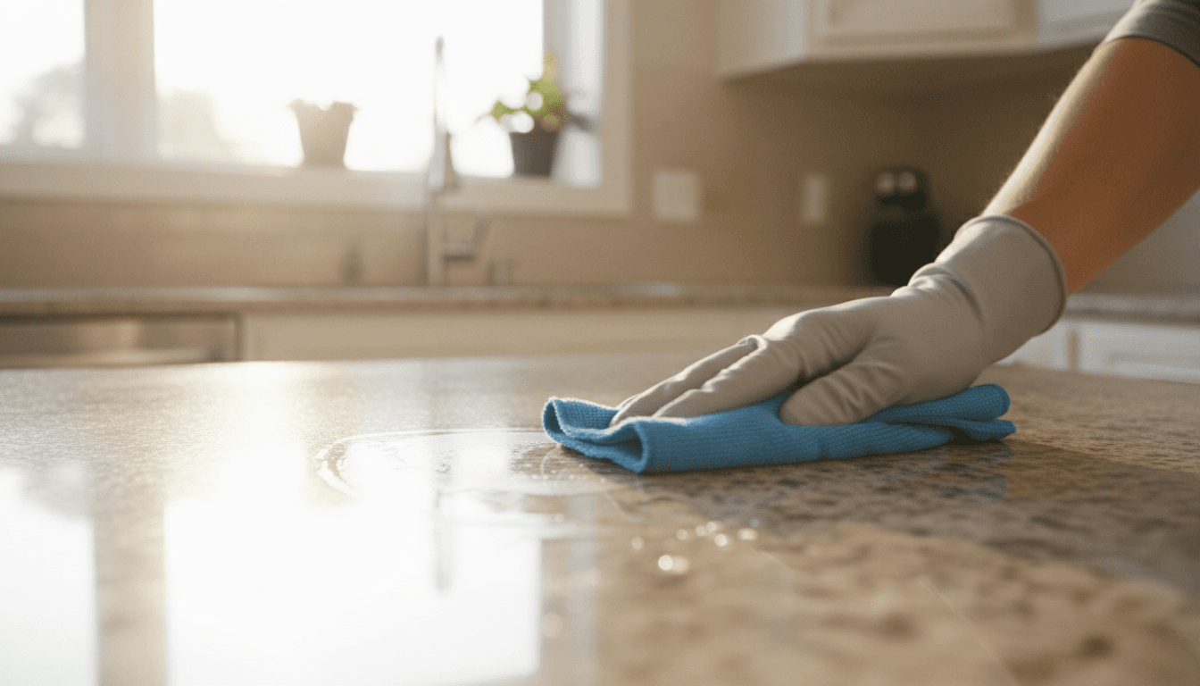 Professional cleaner carefully wiping a residential kitchen countertop